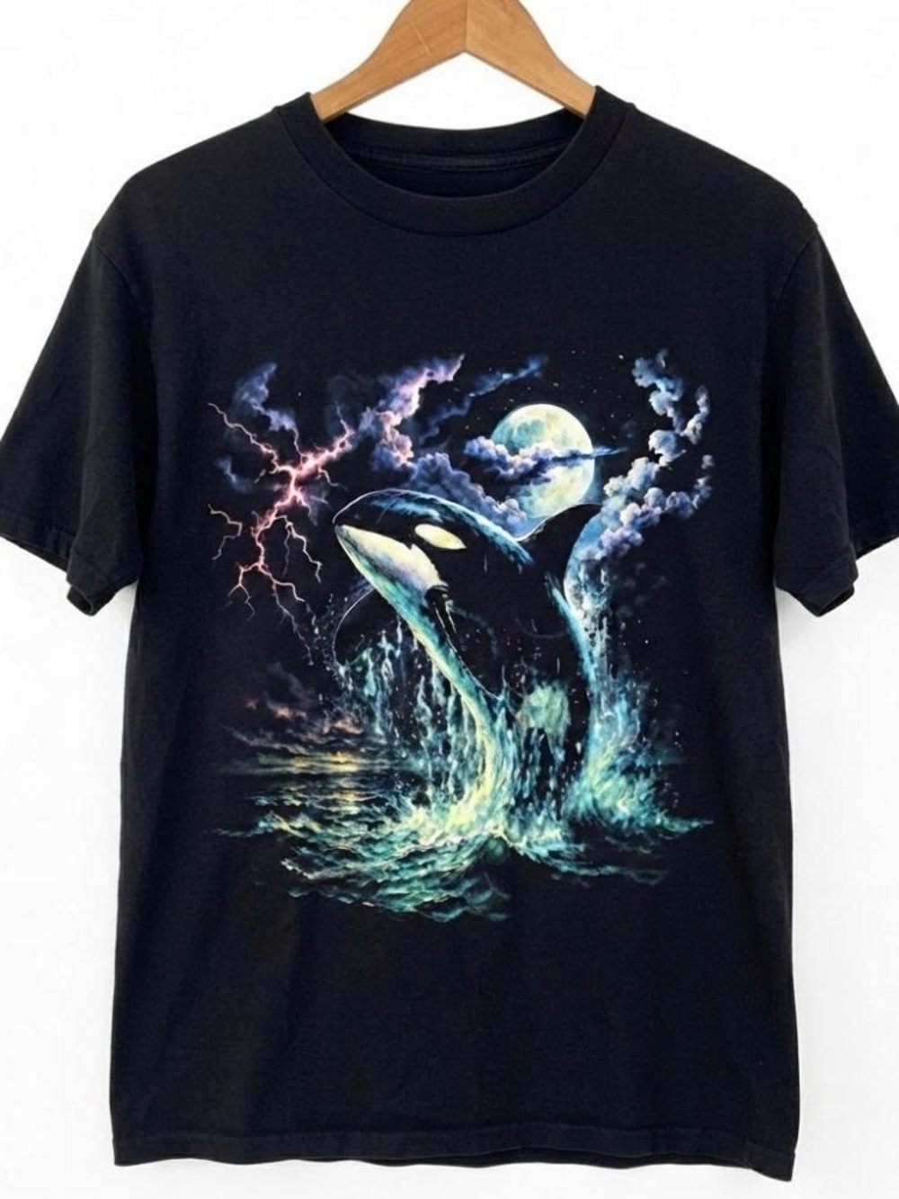 Black Graphic Tee with Neon Orca Jumping Under Moonlight